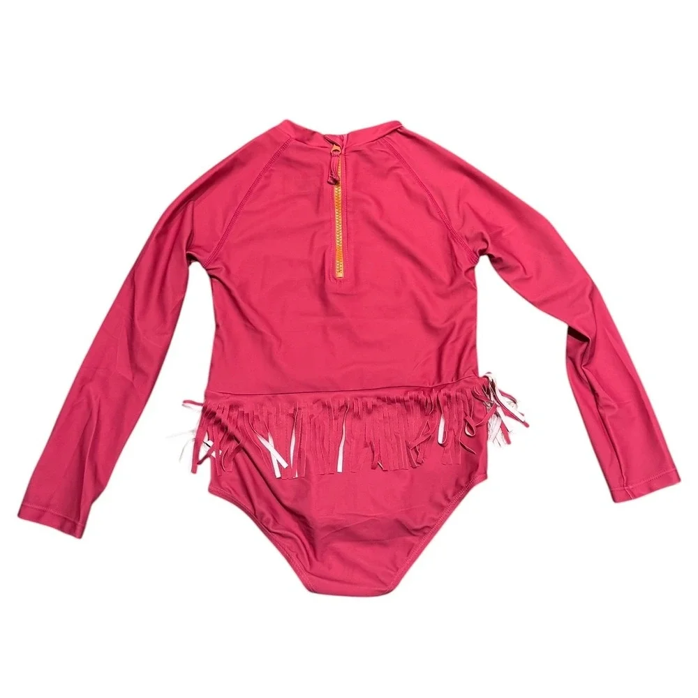 Andy & Evan Girls Pink Rainbow Fringe Long Sleeve Rash Guard Swimsuit UPF 50+ 6X